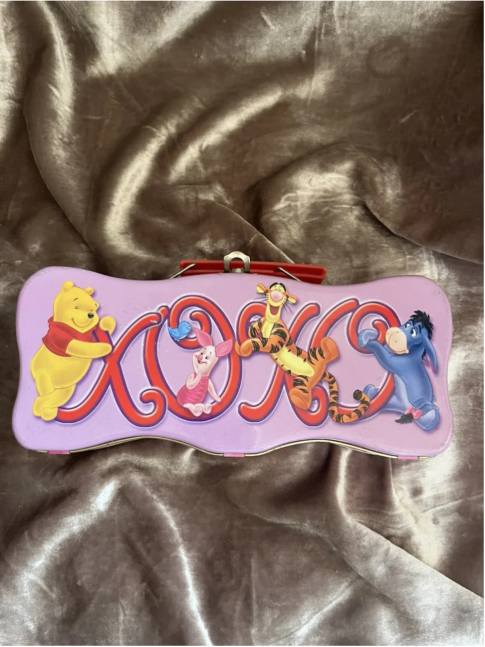 vintage winnie the pooh tin WITH WINNIE CHARACTERS INSIDE , SEE ALL PHOTOS